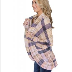 Violet Plaid Open Front Cardigan